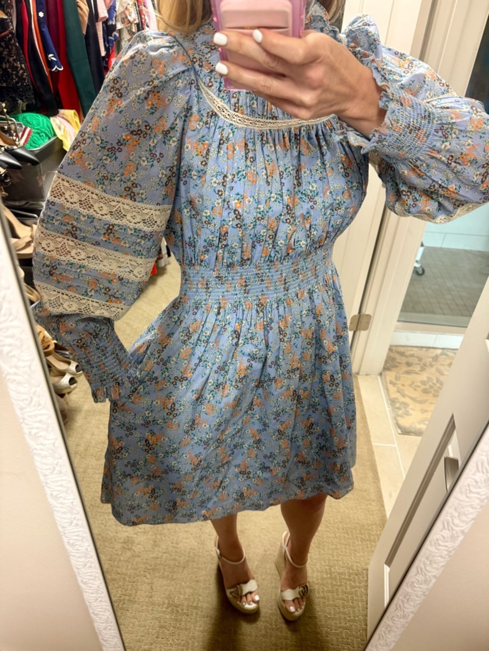 HUNTER BELL Ryan Dress Ditsy Blue Floral, High Neck Smocked - Picture 4 of 7
